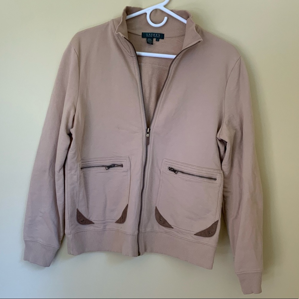Khaki jacket with brown leather trim